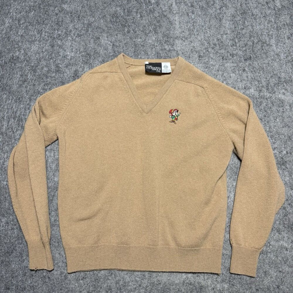 Vintage 80s 90s Made in U.K. Keebler Elf Pure Wool V Neck Sweater Tan Promo XL